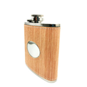 Personalised 6oz wood effect hip flask with engraving panel, captive lid and satin lined gift box. Ideal for birthdays, weddings and outdoor gifting.